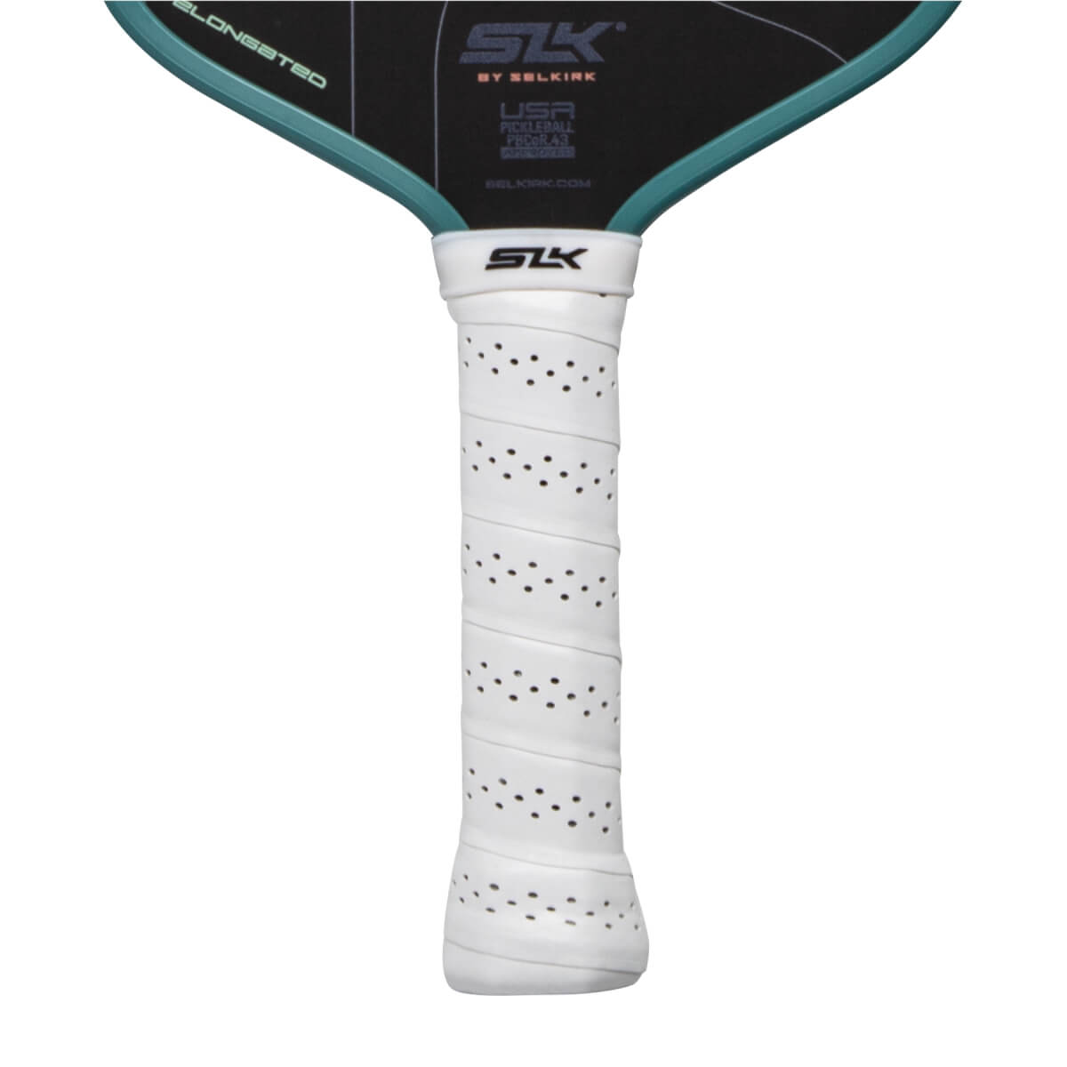 Close-up of a white perforated pickleball paddle grip with an SLK logo and black paddle face with teal trim.