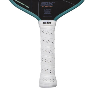 Close-up of a white perforated pickleball paddle grip with an SLK logo and black paddle face with teal trim.