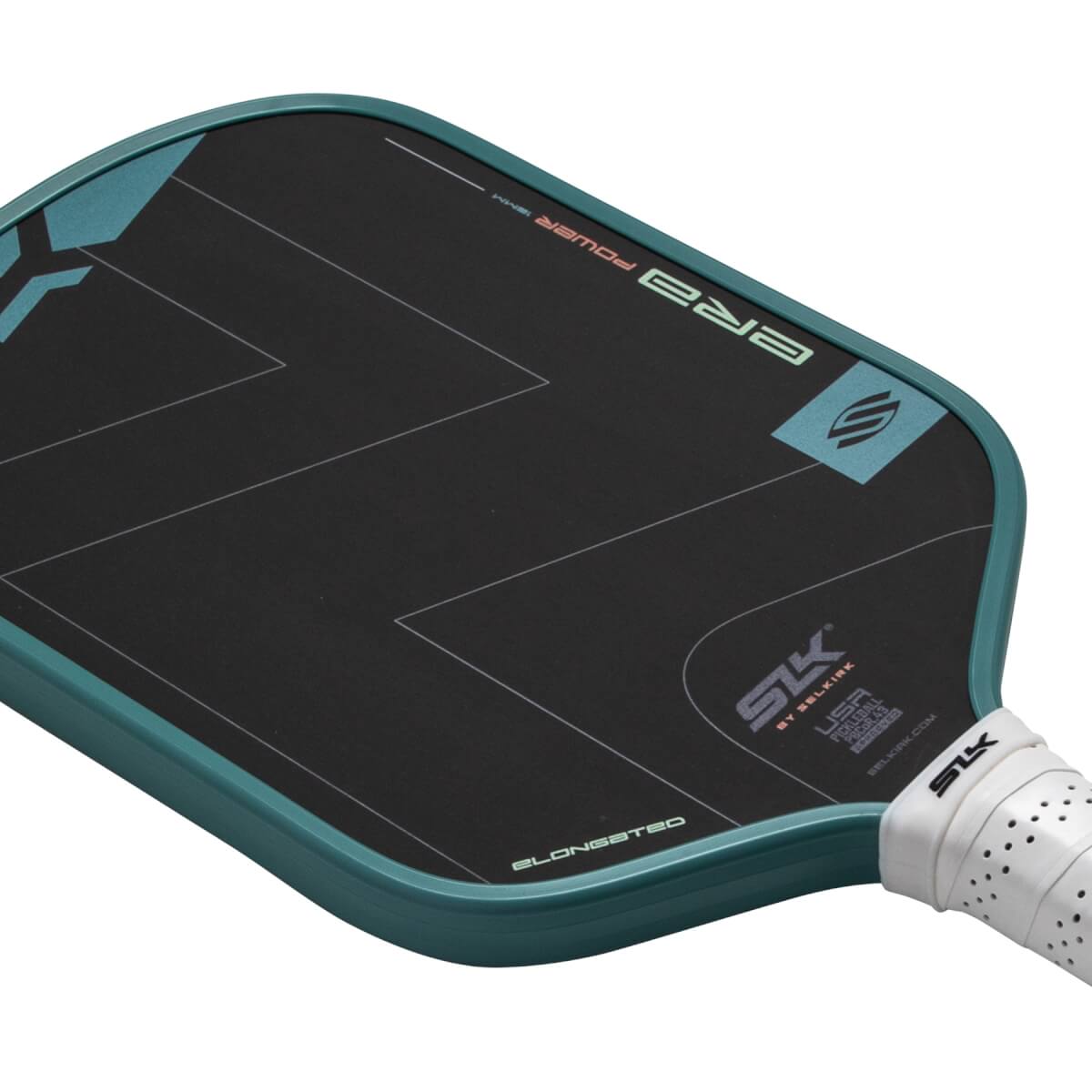 Angled close-up of a black pickleball paddle with teal ERA POWER text, SLK logo, and a white perforated grip.