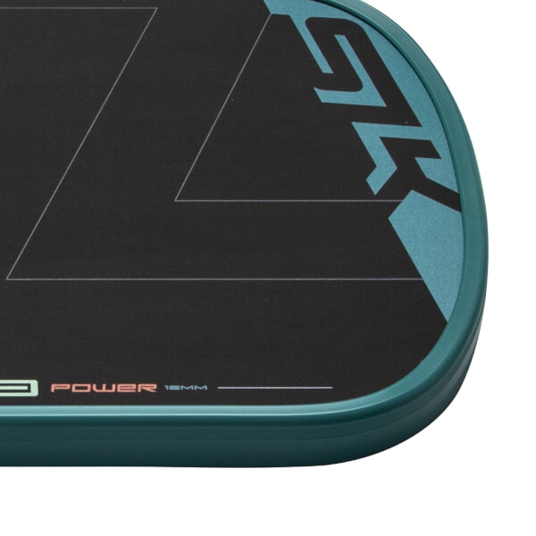 Close-up of the bottom right corner of a black pickleball paddle with a teal edge guard, SLK logo, and POWER 16MM text.