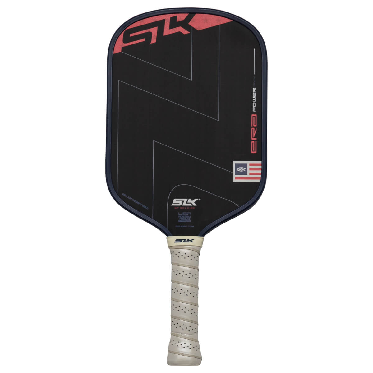 Front view of a black pickleball paddle with red "SLK" logo, "ER2 POWER" text, and a USA flag emblem.