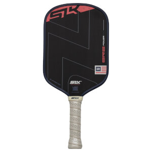 Front view of a black pickleball paddle with red "SLK" logo, "ER2 POWER" text, and a USA flag emblem.