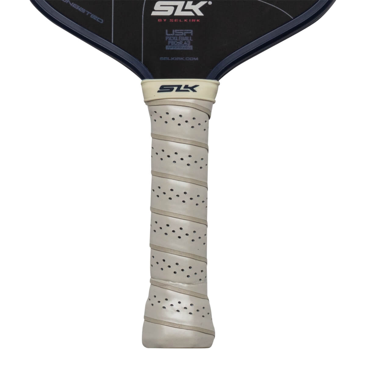 Close-up of a pickleball paddle grip with perforations and the SLK logo.