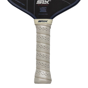 Close-up of a pickleball paddle grip with perforations and the SLK logo.