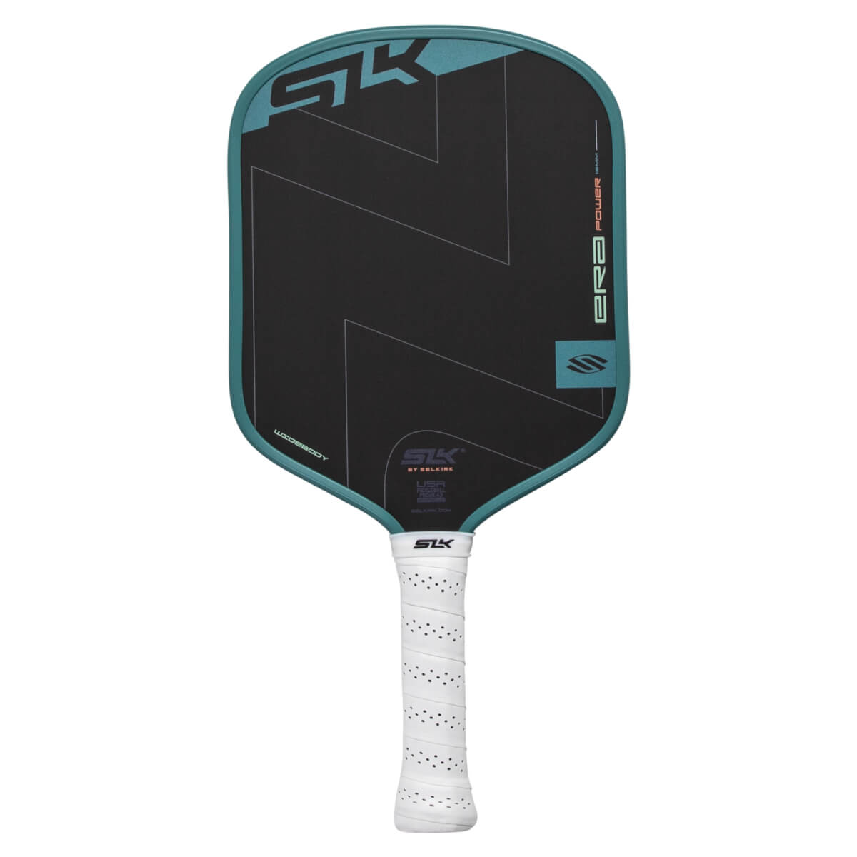 Front view of a black and teal pickleball paddle with a geometric design, white perforated grip, and SLK ERA WIDEBODY text.