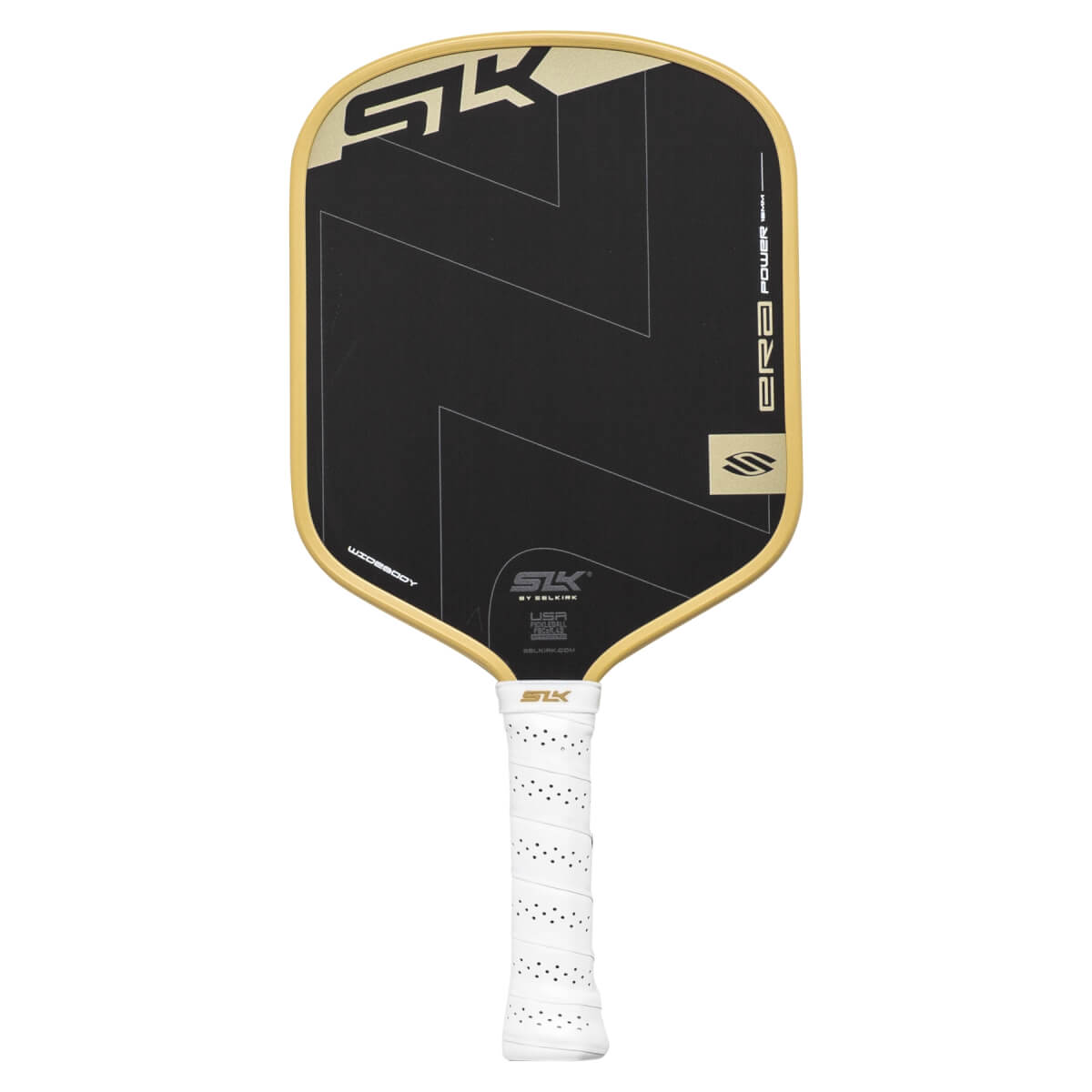 Front view of a black and gold SLK ERA Widebody pickleball paddle with a white perforated grip and zig-zag pattern.