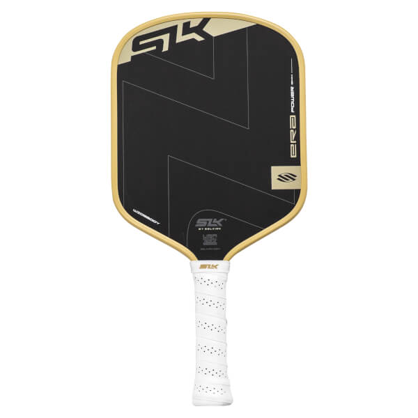 Front view of a black and gold SLK ERA Widebody pickleball paddle with a white perforated grip and zig-zag pattern.