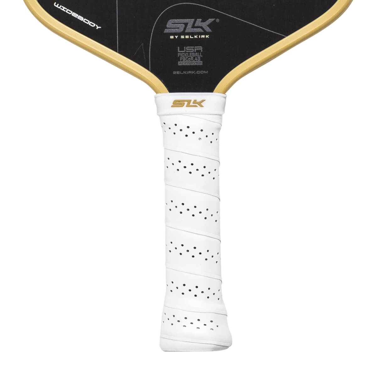 Close-up front view of a black and gold pickleball paddle with a white perforated grip, SLK logo, and WIDEBODY text.