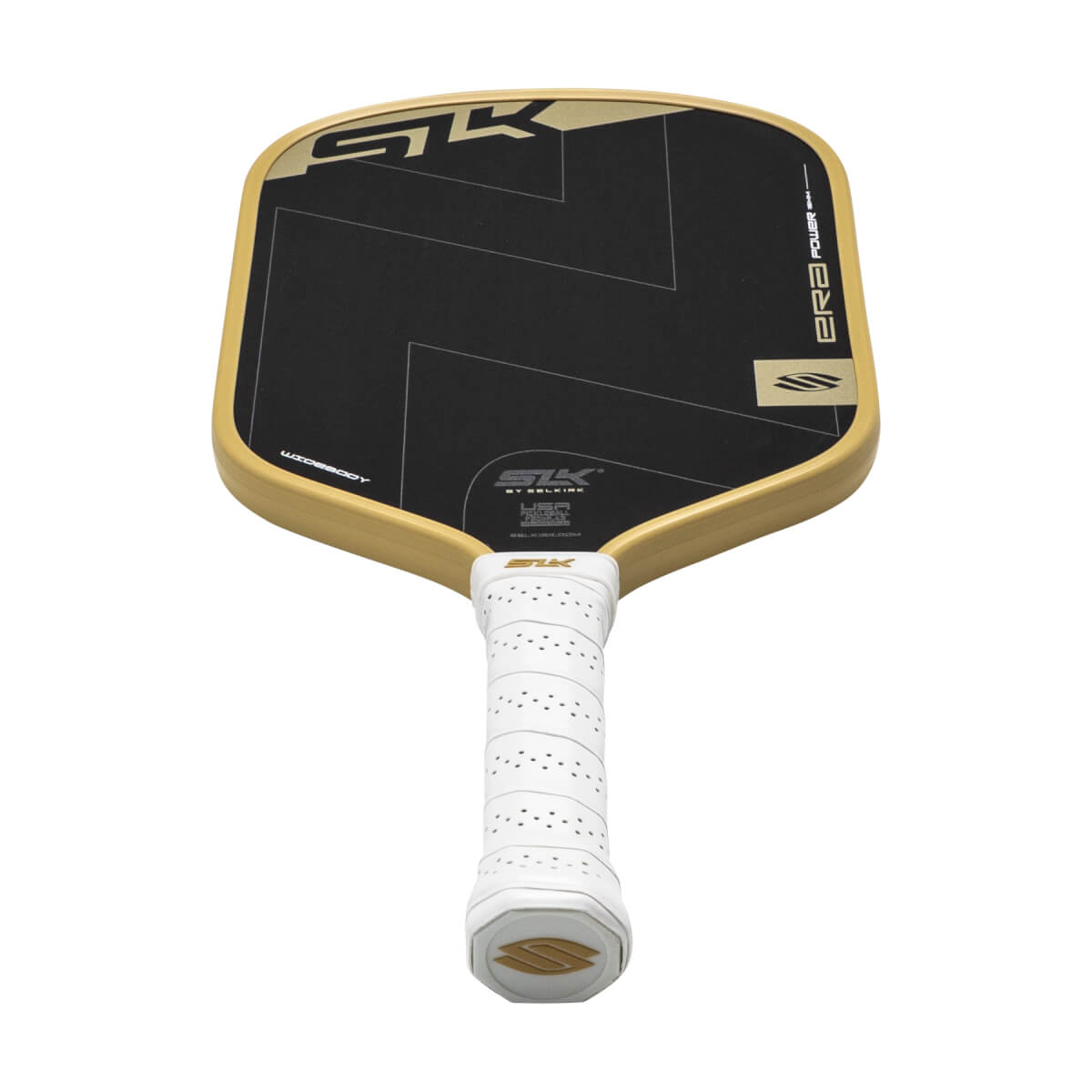 Front view of a black and gold pickleball paddle with a large SLK logo, ERA POWER text, and a white perforated grip.