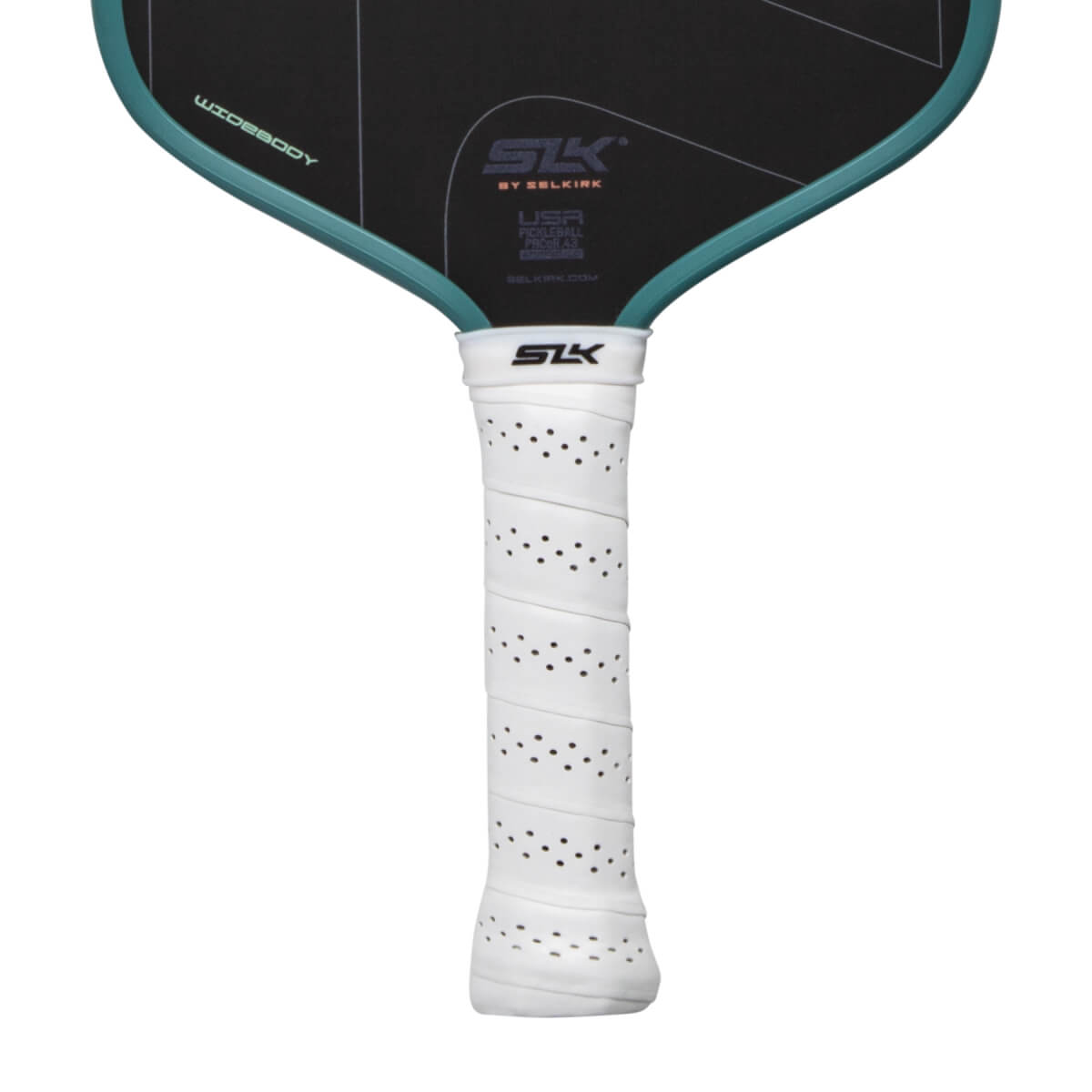 Close-up of a black pickleball paddle with a white perforated grip, teal edge, and SLK logo.