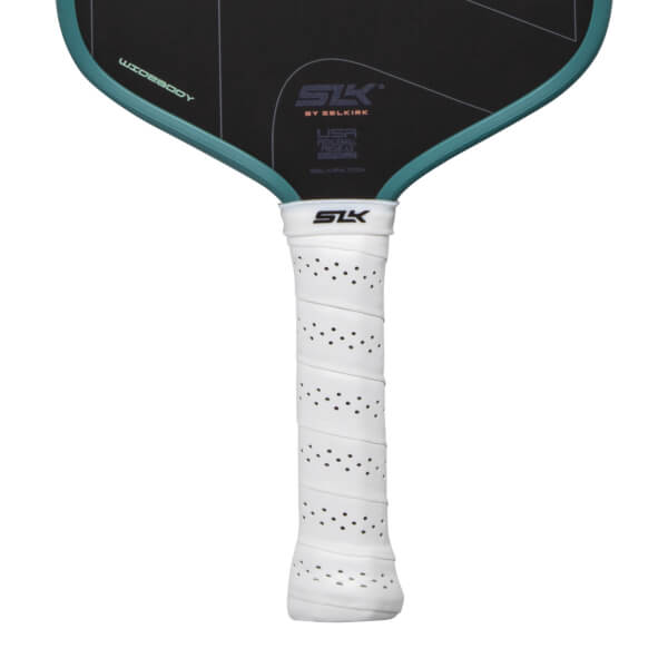 Close-up of a black pickleball paddle with a white perforated grip, teal edge, and SLK logo.