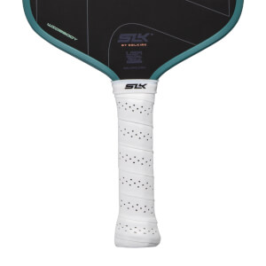 Close-up of a black pickleball paddle with a white perforated grip, teal edge, and SLK logo.