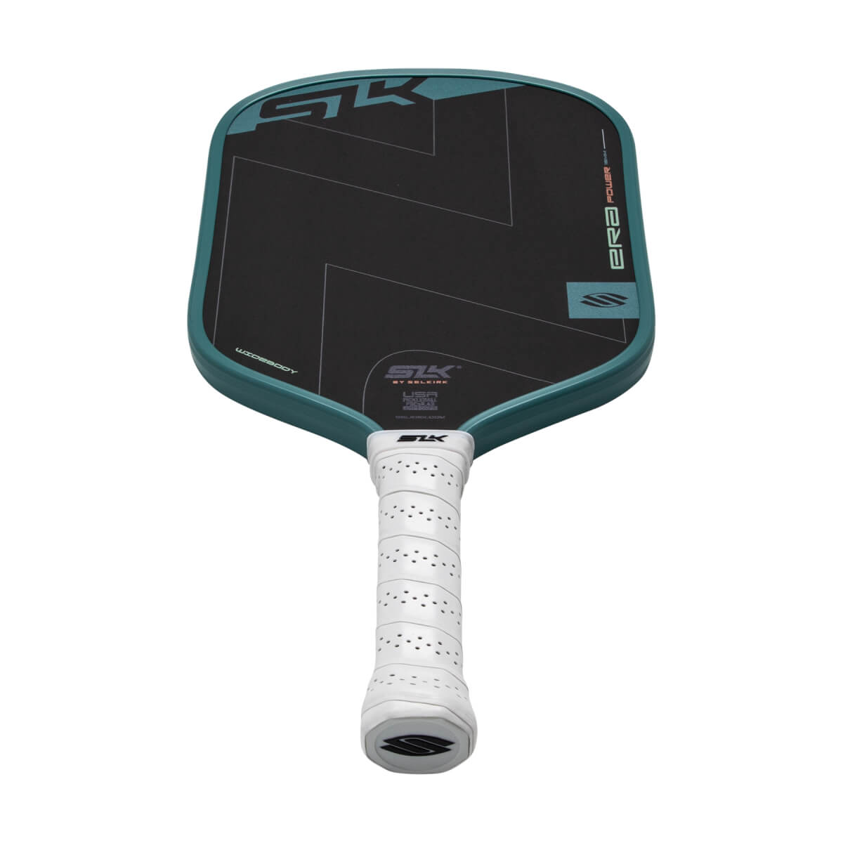 Angled front view of a black and teal pickleball paddle with a white perforated grip and SLK ERA branding.