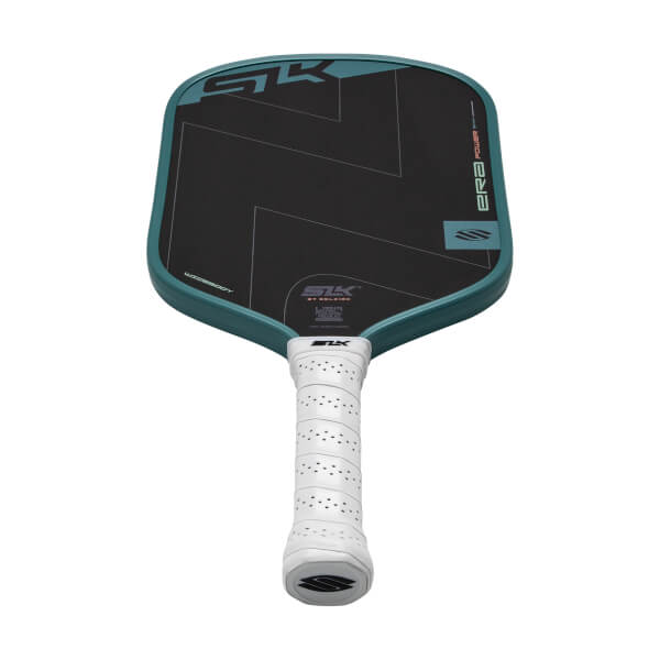 Angled front view of a black and teal pickleball paddle with a white perforated grip and SLK ERA branding.