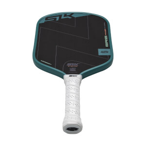 Angled front view of a black and teal pickleball paddle with a white perforated grip and SLK ERA branding.
