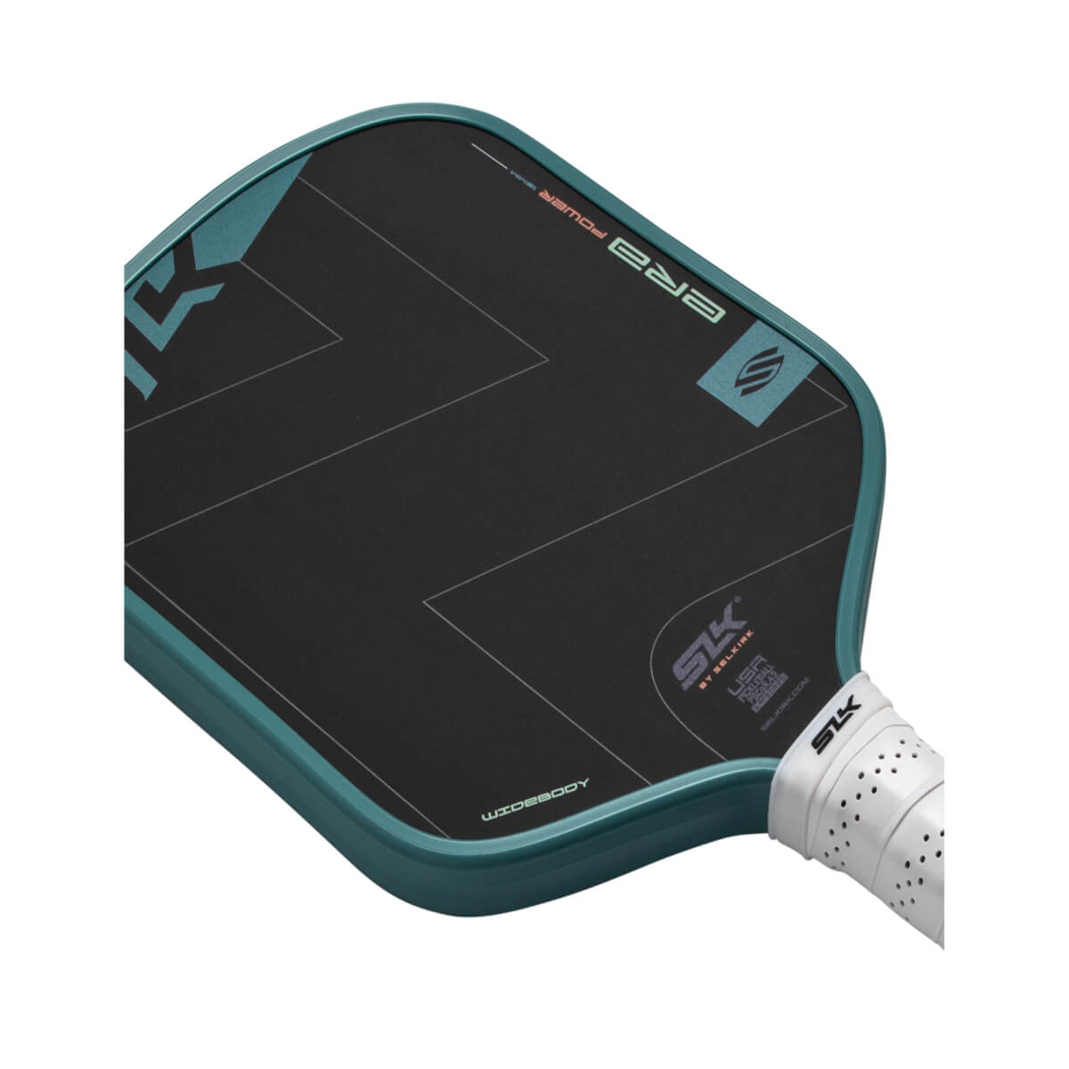 Angled top-down view of a black and teal pickleball paddle with a white perforated grip, SLK logo, and ERA POWER text.