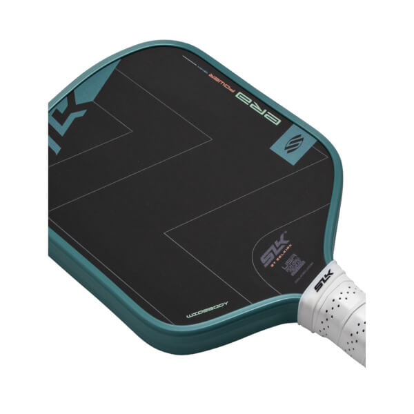 Angled top-down view of a black and teal pickleball paddle with a white perforated grip, SLK logo, and ERA POWER text.