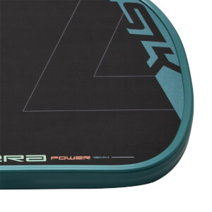 Close-up of a black pickleball paddle with a teal edge guard, SLK logo, and orange ERA POWER 16MM text.