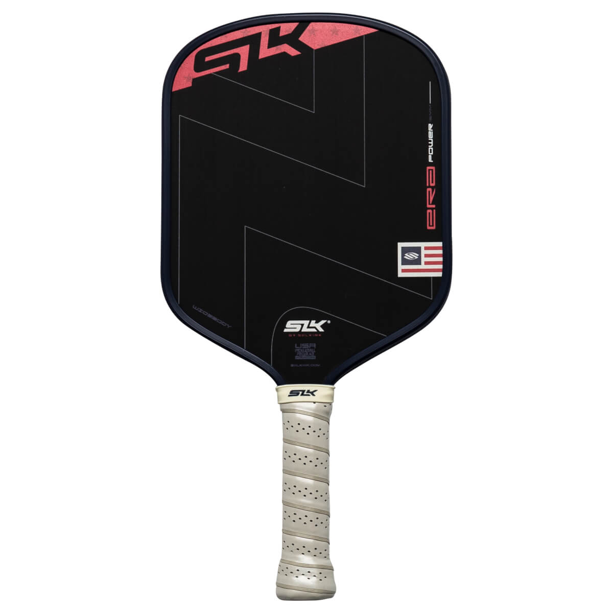 Front view of a black pickleball paddle with red "SK" logo and "END POWER" text.