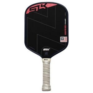 Front view of a black pickleball paddle with red "SK" logo and "END POWER" text.