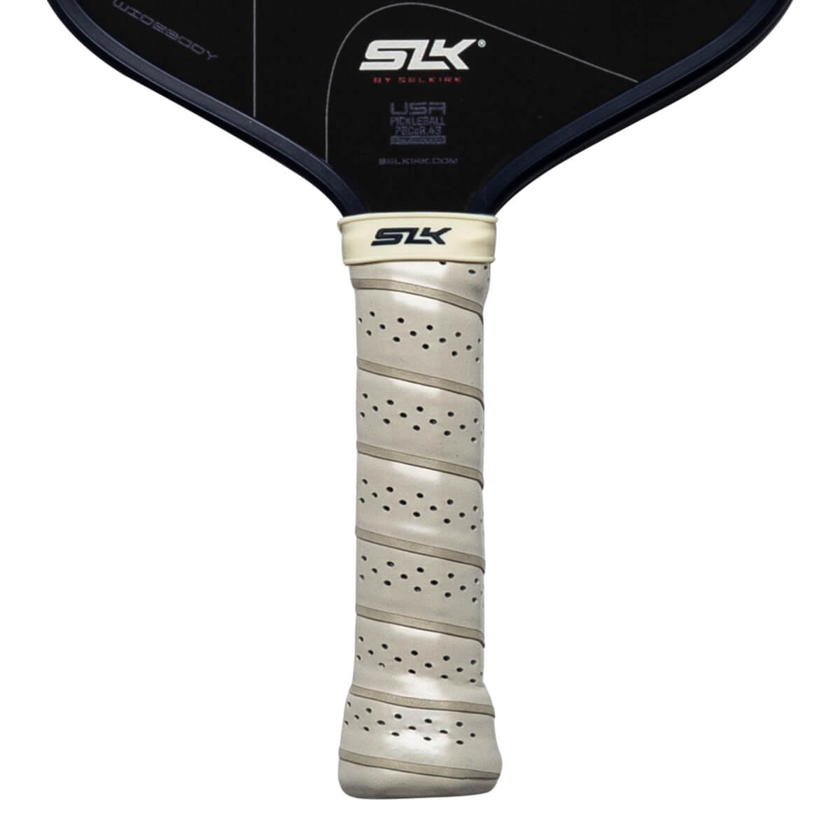 Close-up of the handle showing the perforated grip and the SLK logo.