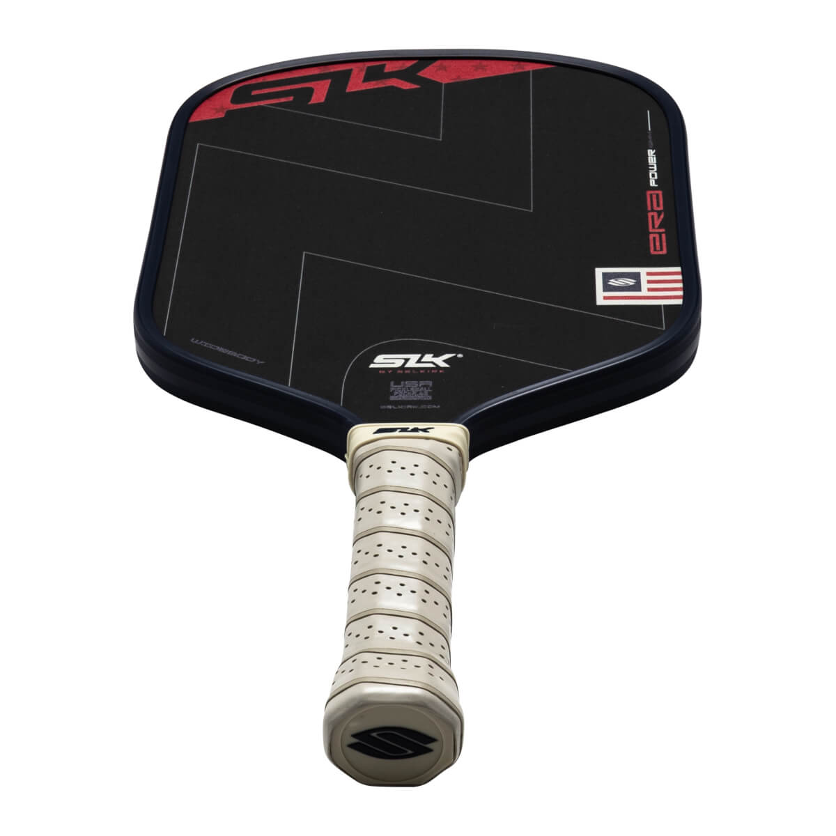 Top-down view of a black SLK pickleball paddle with red graphics, an American flag, and "POWER" text.