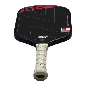 Top-down view of a black SLK pickleball paddle with red graphics, an American flag, and "POWER" text.