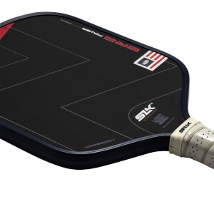 Close-up of a black pickleball paddle showing the "ERA POWER" text, an American flag graphic, and "WIDEBODY" text.