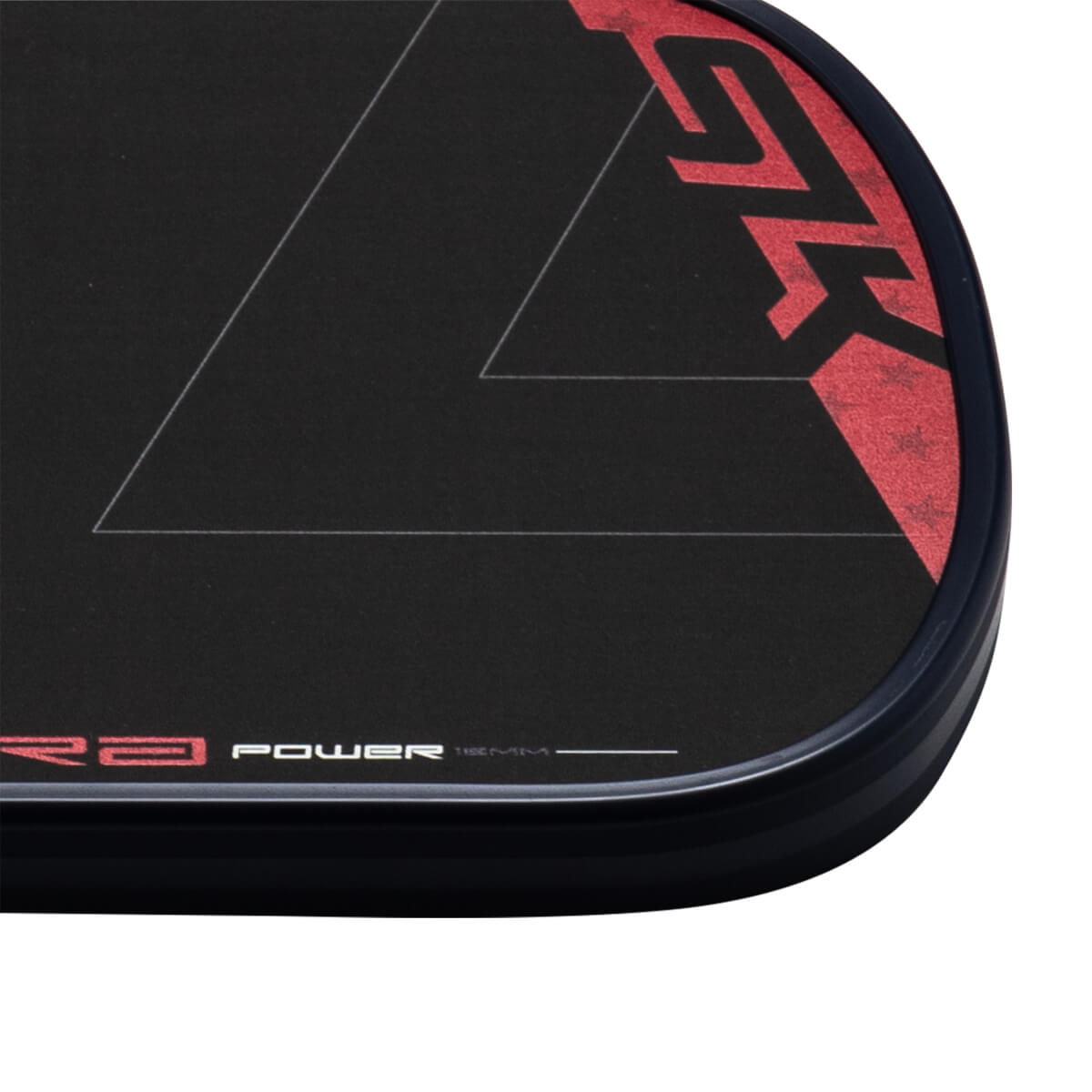 Corner view of a black paddle with red "GTK" and "POWER" text, and a thin white line design.