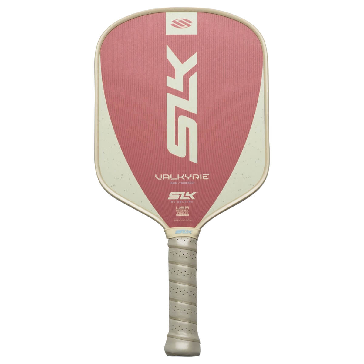 Front view of a pink pickleball paddle with a white SLK logo and "VALKYRIE" text.