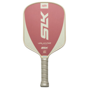 Front view of a pink pickleball paddle with a white SLK logo and "VALKYRIE" text.