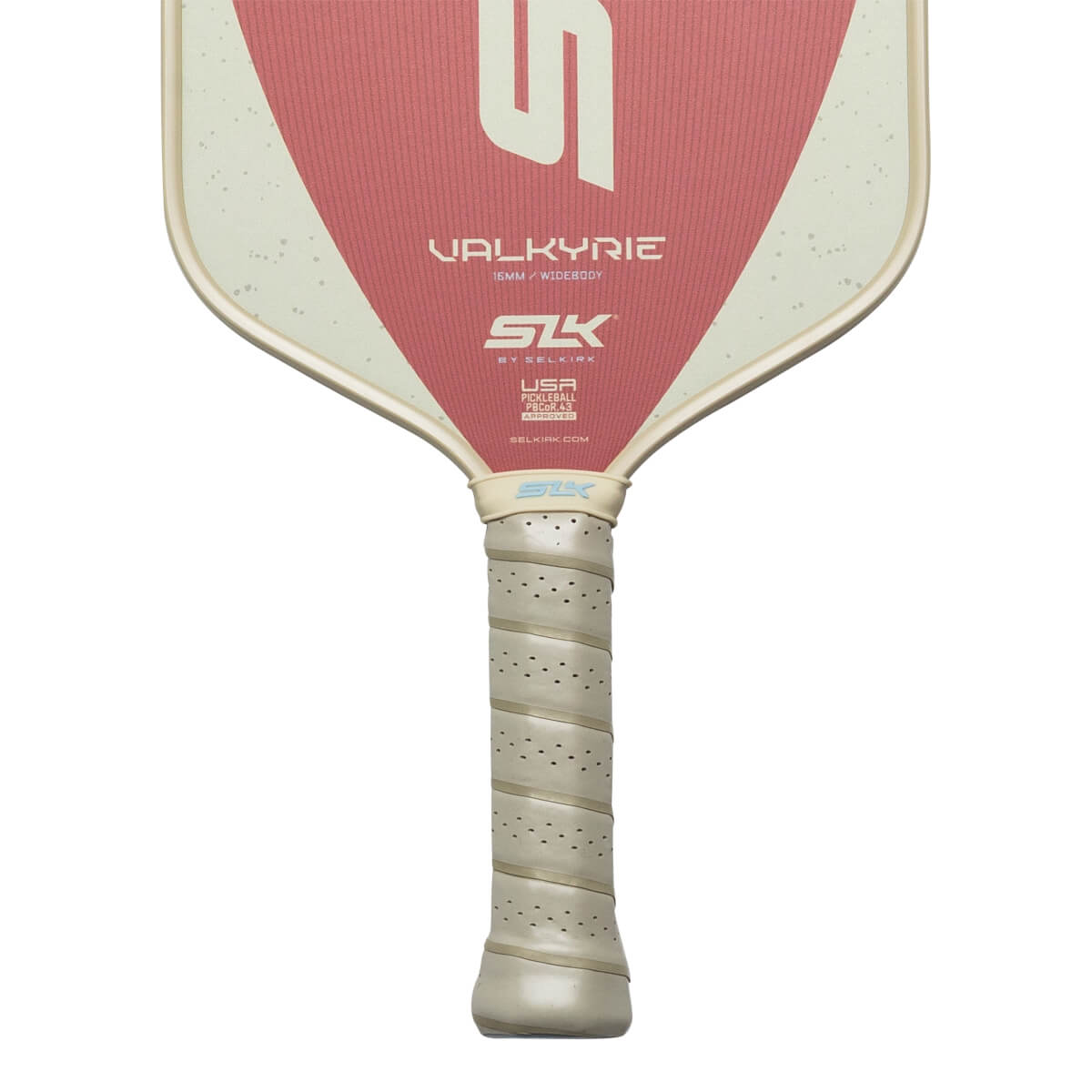 Top-down view of a pickleball paddle with a pink and cream design, featuring "VALKYRIE" and "SLK" logos.