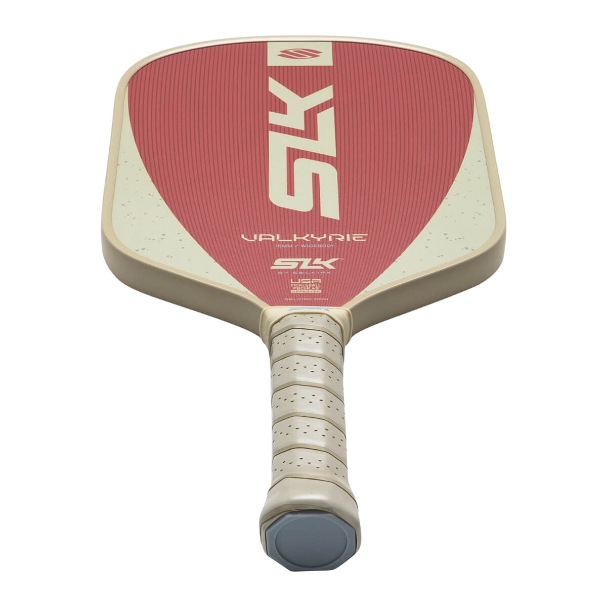 Top-down view of a pickleball paddle with a red surface, white "SKK" logo, and "VALKYRIE" text.