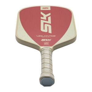 Top-down view of a pickleball paddle with a red surface, white "SKK" logo, and "VALKYRIE" text.
