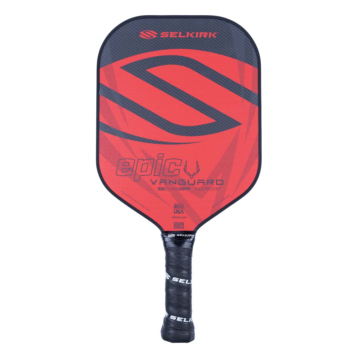 Front view of a red and black pickleball paddle with Selkirk branding, epic text, and Vanguard text.