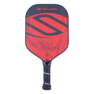 Front view of a red and black pickleball paddle with Selkirk branding, epic text, and Vanguard text.