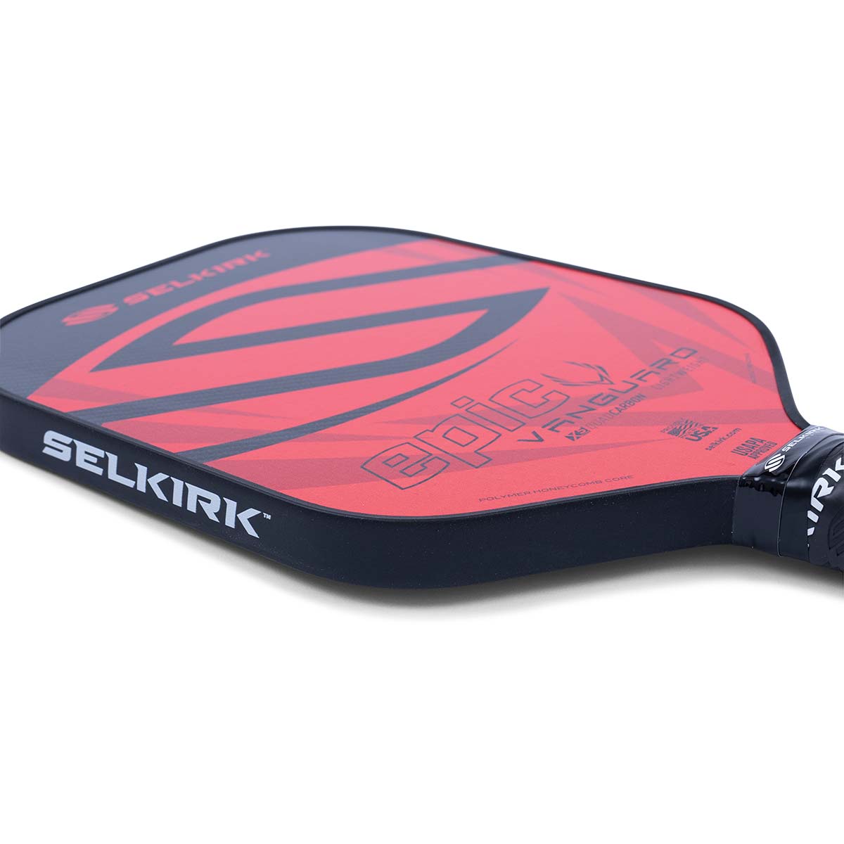 Side view of a red and black pickleball paddle with SELKIRK branding and epic VANGUARD text.