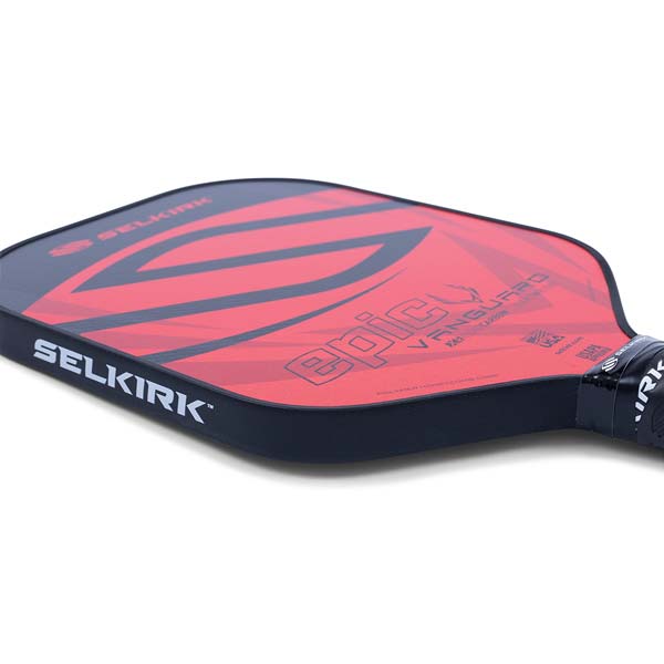 Side view of a red and black pickleball paddle with SELKIRK branding and epic VANGUARD text.