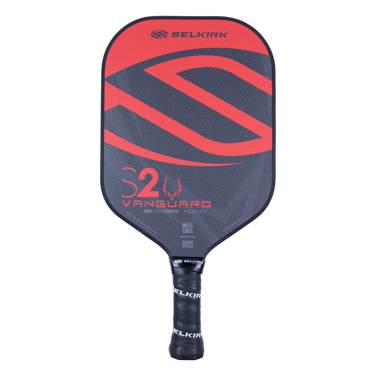 Front view of a red and gray pickleball paddle with S2 VANGUARD branding and a carbon fiber texture.