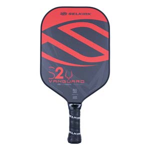 Front view of a red and gray pickleball paddle with S2 VANGUARD branding and a carbon fiber texture.