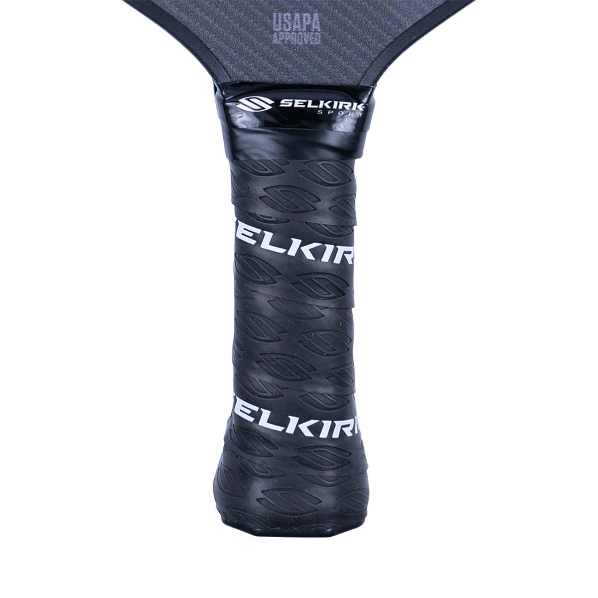 Close-up of a black pickleball paddle grip with white ELKIR text and USAPA APPROVED stamp.
