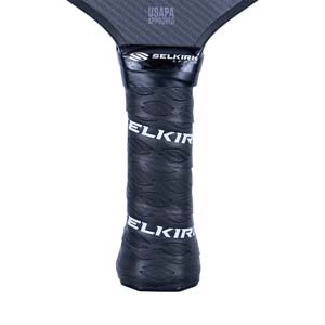 Close-up of a black pickleball paddle grip with white ELKIR text and USAPA APPROVED stamp.