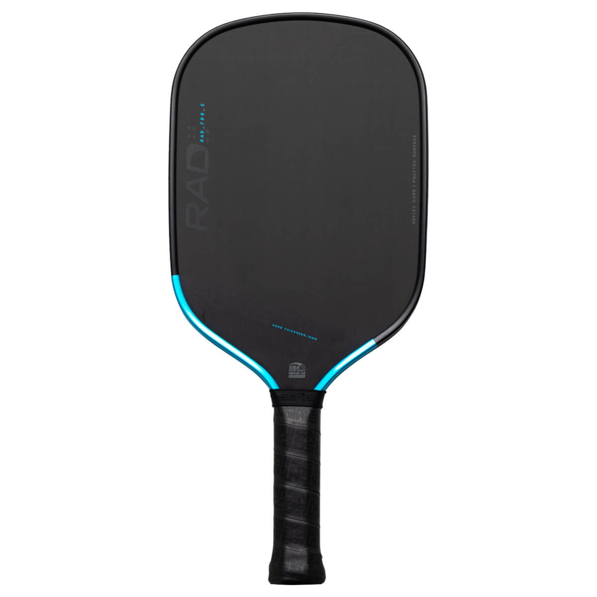 Front view of a black pickleball paddle with blue trim, showing "RAD_700_E" and "REFLEX CORE | POLYTEX SURFACE" text.