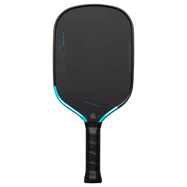 Front view of a black pickleball paddle with blue trim, showing "RAD_700_E" and "REFLEX CORE | POLYTEX SURFACE" text.