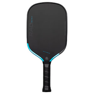 Front view of a black pickleball paddle with blue trim, showing "RAD_700_E" and "REFLEX CORE | POLYTEX SURFACE" text.
