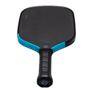 Top-down view of a black pickleball paddle with a blue edge, showing "RADI 2D DESIGN" and "POLYTEXT SURFACE" text.