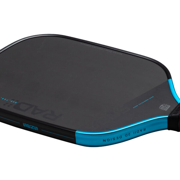 Corner view of a black pickleball paddle with blue trim, showing "RADII 2D DESIGN" and "RAD-700" text.