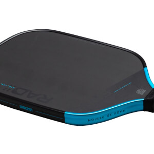 Corner view of a black pickleball paddle with blue trim, showing "RADII 2D DESIGN" and "RAD-700" text.