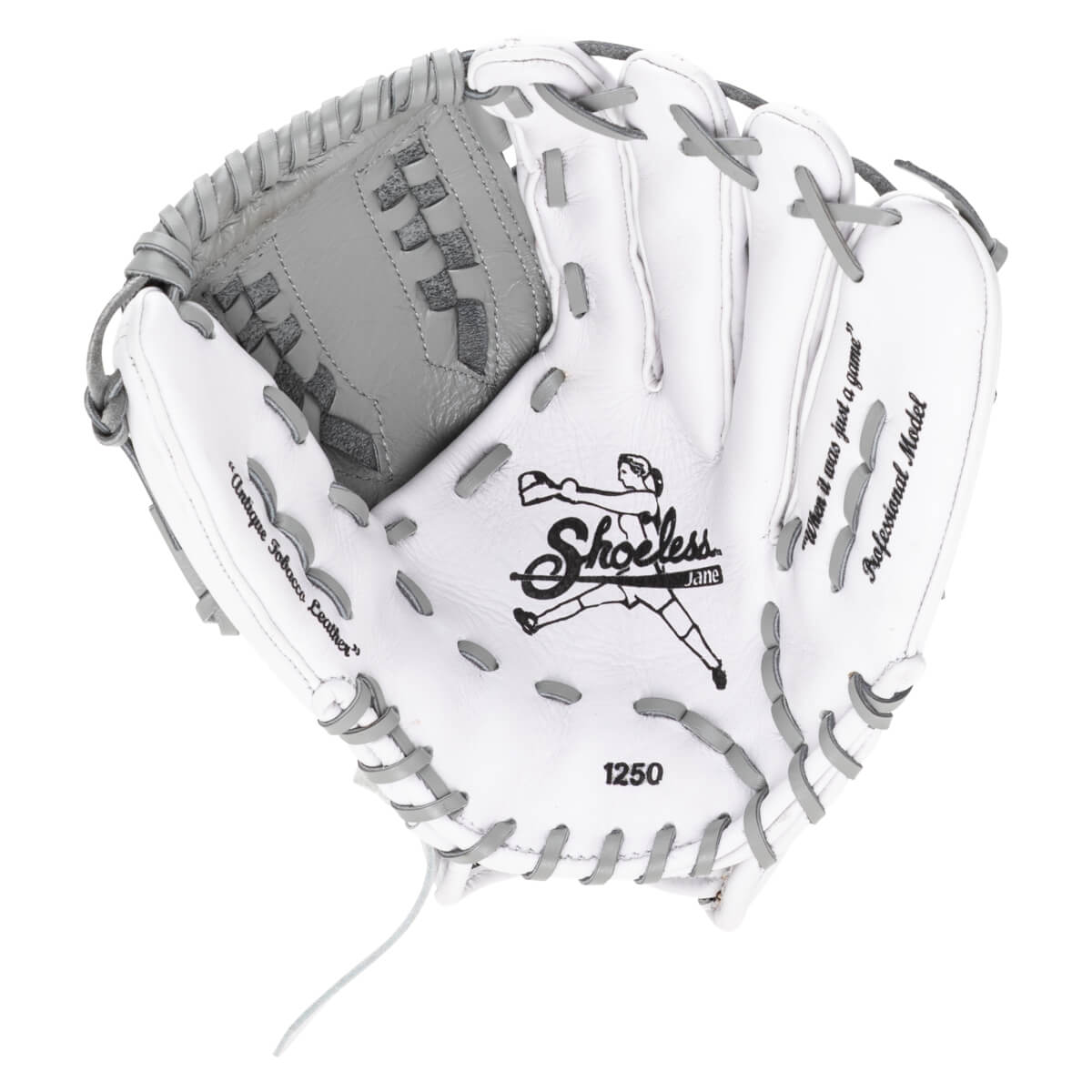 Top-down view of a white and gray baseball glove with "Shoeless Jane" logo and "1250" visible.