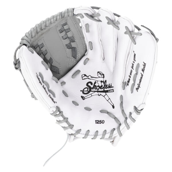 Top-down view of a white and gray baseball glove with "Shoeless Jane" logo and "1250" visible.